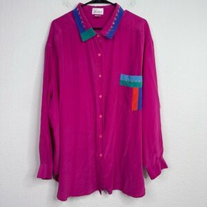 Pia Rucci Shirt Women 3X VTG Pink Silk Colorblock Long Sleeve Embroidered Career